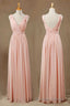Elegant Plush Pink V-Neck Open Back A-Line Long Bridesmaid Dresses