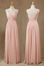 Elegant Plush Pink V Neck Open Back A Line Long Bridesmaid Dresses