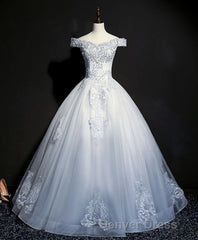 Blue Tulle Lace Off Shoulder Long Prom Dresses, Blue Tulle Lace Evening Dresses