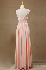 Elegant Plush Pink V-Neck Open Back A-Line Long Bridesmaid Dresses