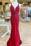 Red Beaded Plunge V Mermaid Long Prom Dresses