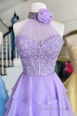 Lavender Illusion Halter Flower Appliques Multi-Layers Long Prom Dresses