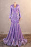 V Neck Long Sleeve Zipper Sequins Mermaid Sweep Train Prom Dresses