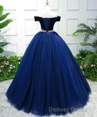 Dark Blue Tulle Off Shoulder Long Prom Dresses, Blue Sweet 16 Dresses