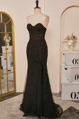 Black Strapless Appliques Mermaid Long Prom Dresses with Slit