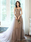 Simple Gray V Neck Tulle Long Prom Dress Gray Prom Dresses