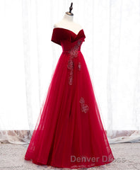 Burgundy Tulle Off Shoulder Long Prom Dresses, Burgundy Formal Dresses