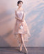 Pink Round Neck Lace Short Prom Dress Pink Homecoming Dresses 1