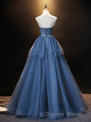 Blue Sweetheart Neck Tulle Long Prom Dresses, Blue Evening Dresses