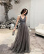 Gray V Neck Tulle Beads Long Prom Dress Gray Tulle Prom Dresses