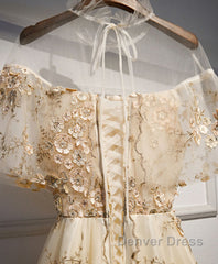 Champagne Tulle Lace Long Prom Dresses, Champagne Formal Dresses, 1