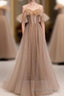 Champagne Tulle Sequin Long Prom Dresses, Champagne Evening Dresses