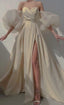 Shimmer Light Champagne A Line Long Prom Dresses Removable Puff Sleeves Sweetheart