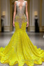 Yellow V Neck Sleeveless Mermaid Prom Dresses Featuring Beadings and Sequins