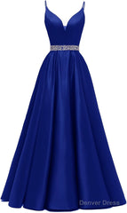 Spaghetti Straps Prom Dresses Long Satin Beaded V-Neck Formal Evening Party Ball Gowns with Pockets