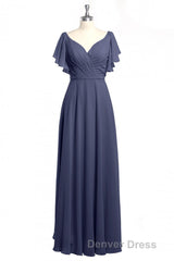 Navy Blue V-Neck Backless Ruffled A-Line Long Dresses