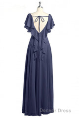Navy Blue V-Neck Backless Ruffled A-Line Long Dresses