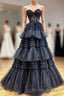 Black Sweetheart Neck Tulle Lace Long Prom Dresses, Black Formal Evening Dresses