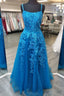 Blue Floral Appliques Straps A Line Prom Gowns