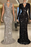 Glitter Long V-neck Sequined Floor Length Mermaid Prom Dresses with Sleeves