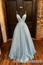 Blue A Line V Neck Simple Sequin Prom Dress Long Prom Dresses