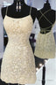 Open Back Spaghetti Straps Sheath Lace Short Prom Dress, Homecoming Dresses, Hoco Gown 5853