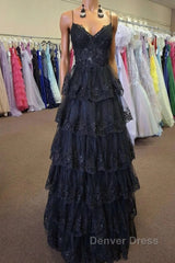 Straps Black Appliques Tulle Ruffle A-line Prom Dresses