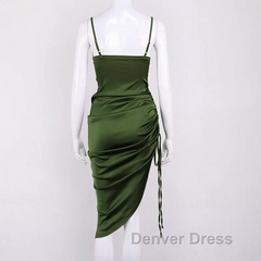 New Satin Green Prom Dresses Spaghetti Strap Party Evening Dresses