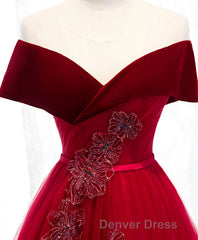 Burgundy Tulle Off Shoulder Long Prom Dresses, Burgundy Formal Dresses