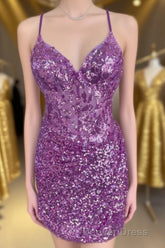 Purple Straps Sequined Embroidery Sheath Homecoming Dresses