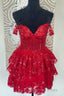 Red Off The Shoulder Lace Multi Layers Appliques Sequins Homecoming Dresses