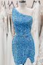 Sky Blue One Shoulder Sequins Sheath Cut Out Homecoming Dresses