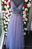Straps A Line Tulle Long Prom Dresses with Crystal