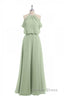 Sage Green Chiffon Halter Blouson-Style Long Bridesmaid Dresses