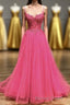 Hot Pink Floral Spaghetti Straps A-line Long Prom Dresses