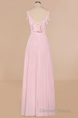 Pink Ruffle Lace-Up A-Line Long Bridesmaid Dresses