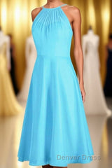 Pool Blue Chiffon Halter Short Bridesmaid Dresses