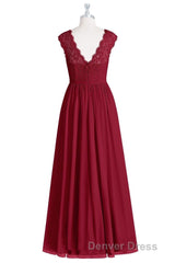 Red Lace Cap Sleeve A-Line Long Bridesmaid Dresses