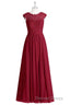 Red Lace Cap Sleeve A Line Long Bridesmaid Dresses