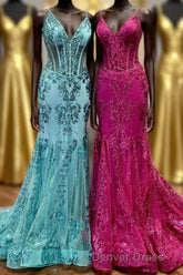 Fuchsia Mermaid Sequined Embroidery Tulle Long Prom Dresses