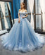 Blue Off Shoulder Tulle Lace Long Prom Gowns Blue Prom Dresses