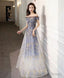 Blue Tulle Off Shoulder Lace Long Prom Dress Tulle Prom Dresses