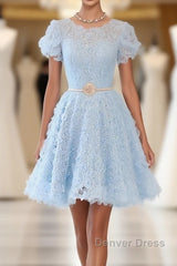 Cute Blue Lace Short Prom Dresses, Blue Homecoming Dresses