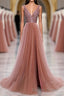 Pink V Neck Tulle Sequin Long Prom Dresses, Pink Formal Dresses