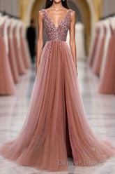 Pink V Neck Tulle Sequin Long Prom Dresses, Pink Formal Dresses