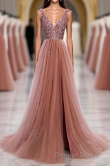 Pink V Neck Tulle Sequin Long Prom Dresses, Pink Formal Dresses