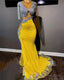 Sexy Yellow Prom Dresses Luxury for Black Girl Mermaid Illusion Bead Long Sleeve Tassel Prom Gown