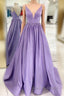 Straps V Neck Satin Maxi Prom Dresses Lavender Formal Evening Gown