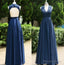 2026 Blue Floor Length Long A Line Backless Lace V Neck Chiffon Prom Dresses