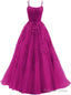 Womens Lace Appliques Prom Dress Long Spaghetti Strap Ball Gown Tulle Prom Dresses for Prom